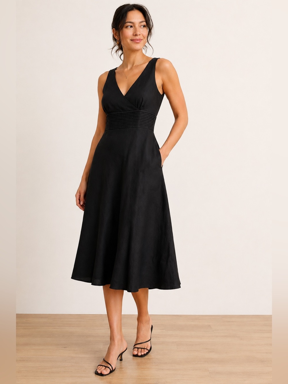 J. Crew 100% Linen Black V-Neck A-Line Pintuck Midi Dress Black Size 6